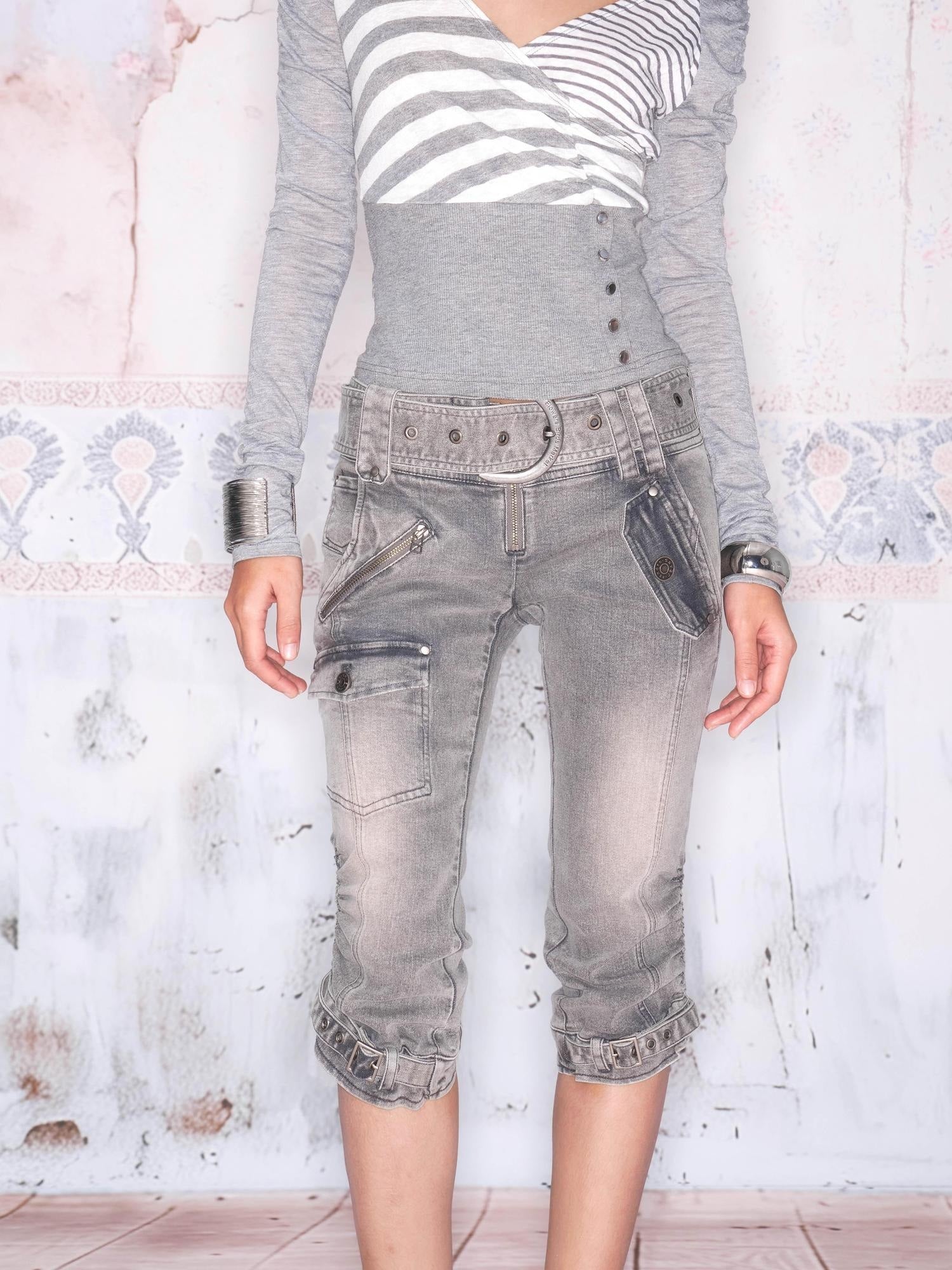 Flowers birds Market High Waist Washed Slim Fit Pocket Light Gray Stretch Women Cropped Jeans