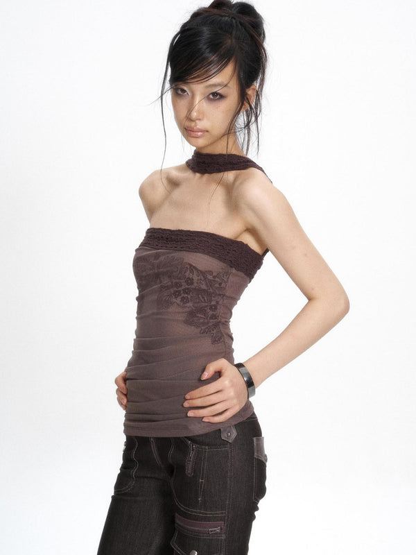 Hollow Knit Patchwork Flocked Print Mesh Ruched Women's Nylon Tube Tops