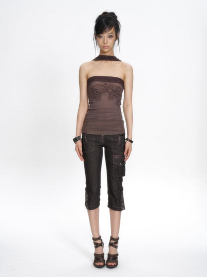 Flowers birds Market Hollow Knit Patchwork Flocked Print Mesh Ruched Women&