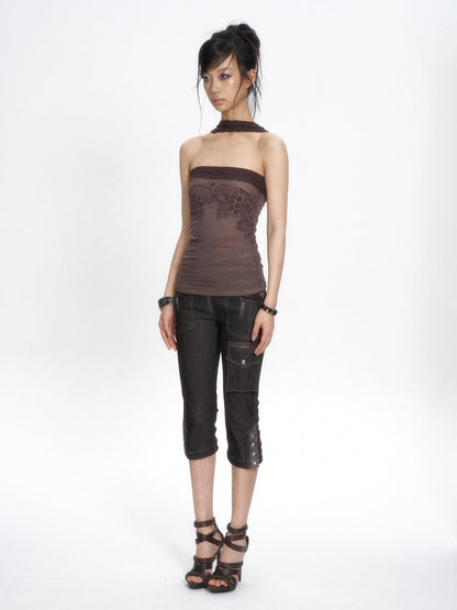 Flowers birds Market Hollow Knit Patchwork Flocked Print Mesh Ruched Women&
