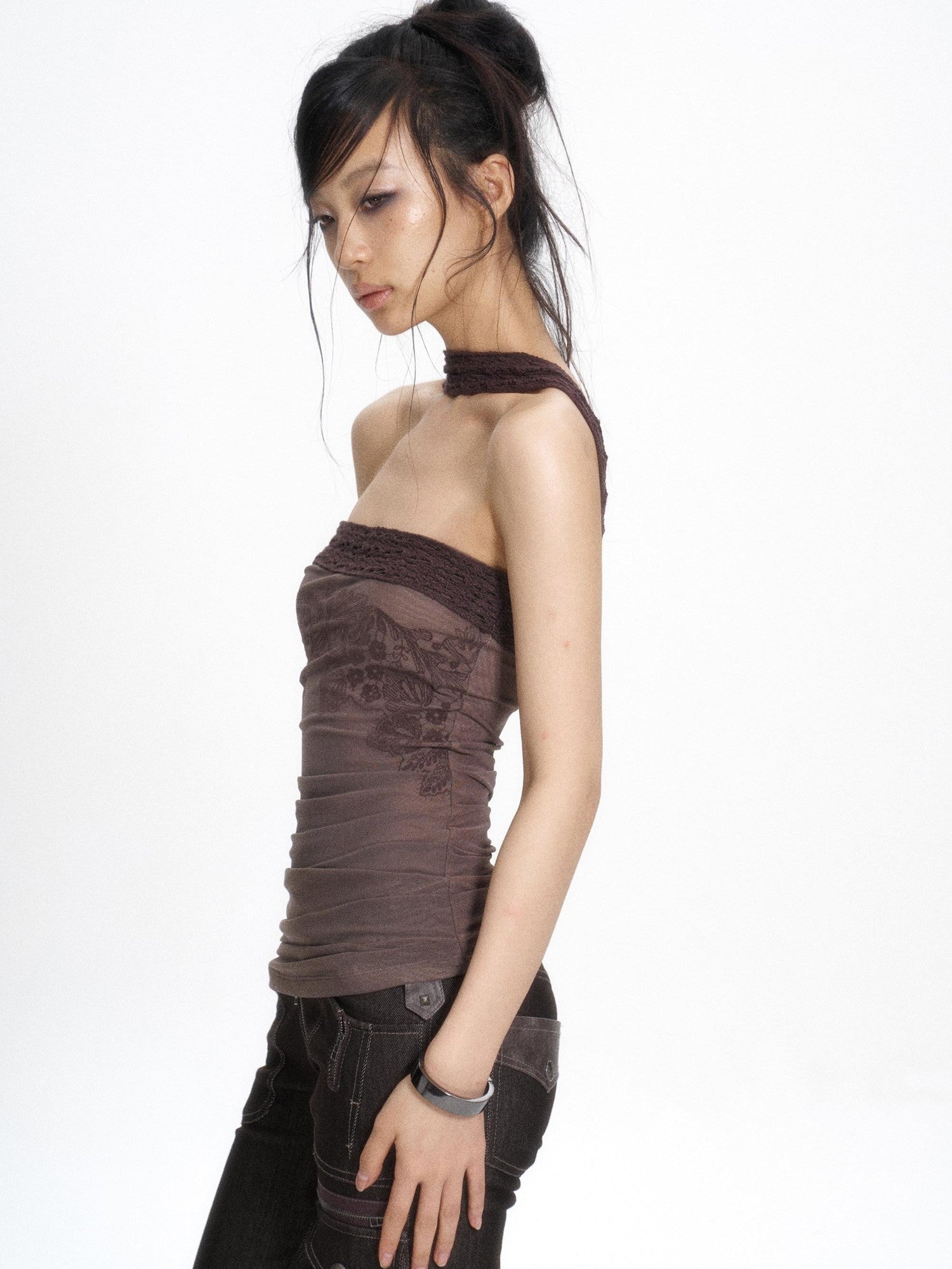 Flowers birds Market Hollow Knit Patchwork Flocked Print Mesh Ruched Women&