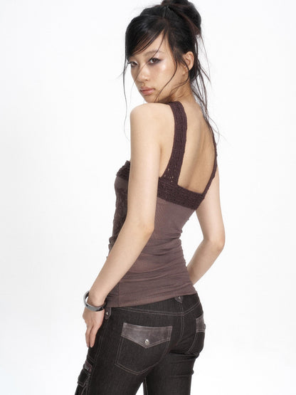 Flowers birds Market Hollow Knit Patchwork Flocked Print Mesh Ruched Women&