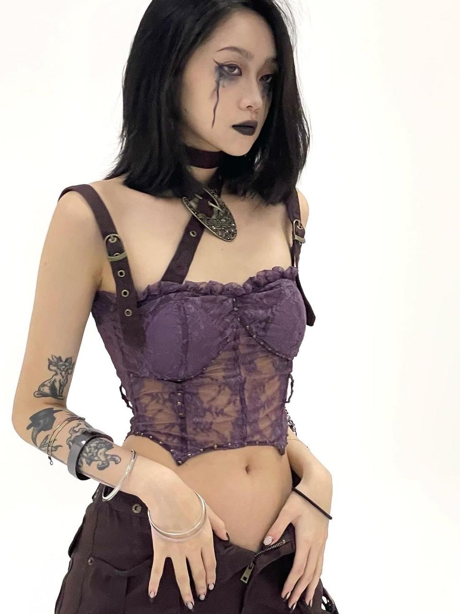 Flowers birds Market Lace Detailed Denim Corset Top With Free Belt