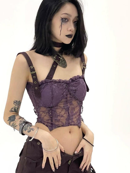 Flowers birds Market Lace Detailed Denim Corset Top With Free Belt