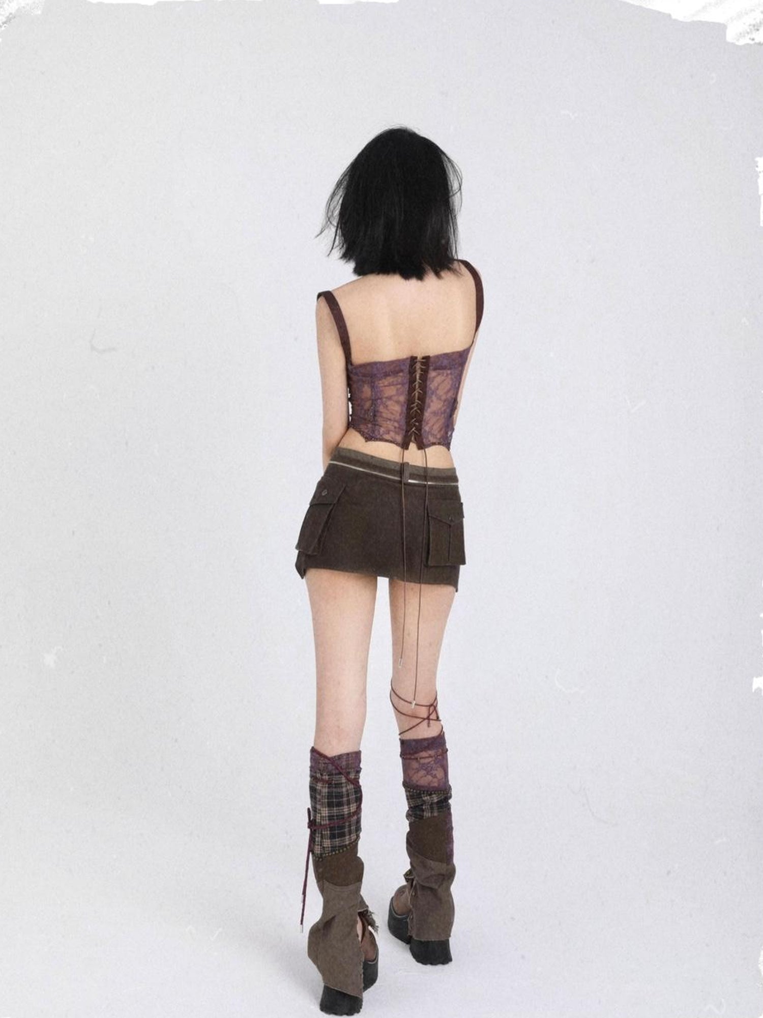 Flowers birds Market Lace Detailed Denim Corset Top With Free Belt