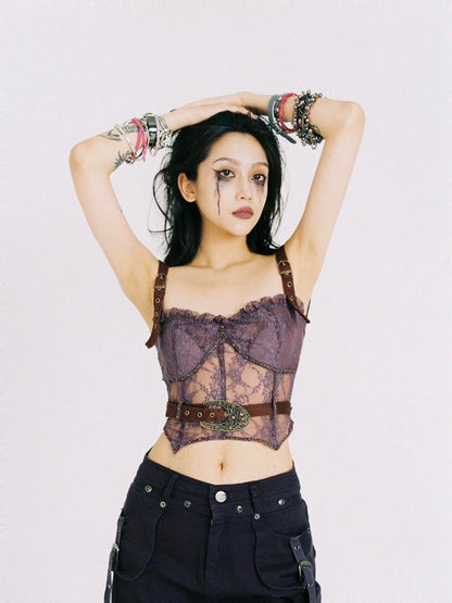 Flowers birds Market Lace Detailed Denim Corset Top With Free Belt