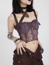 Flowers birds Market Lace Detailed Denim Corset Top With Free Belt