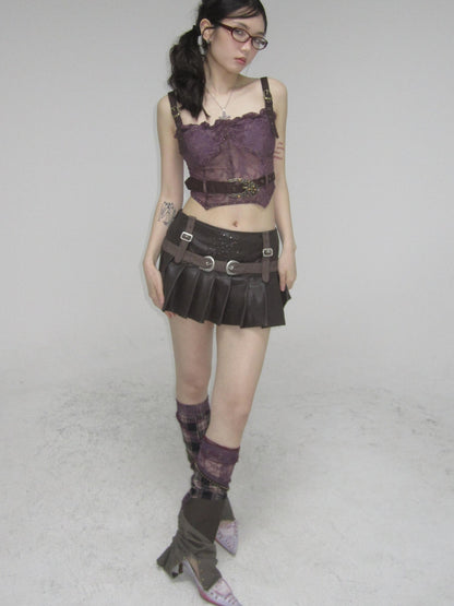Flowers birds Market Lace Detailed Denim Corset Top With Free Belt