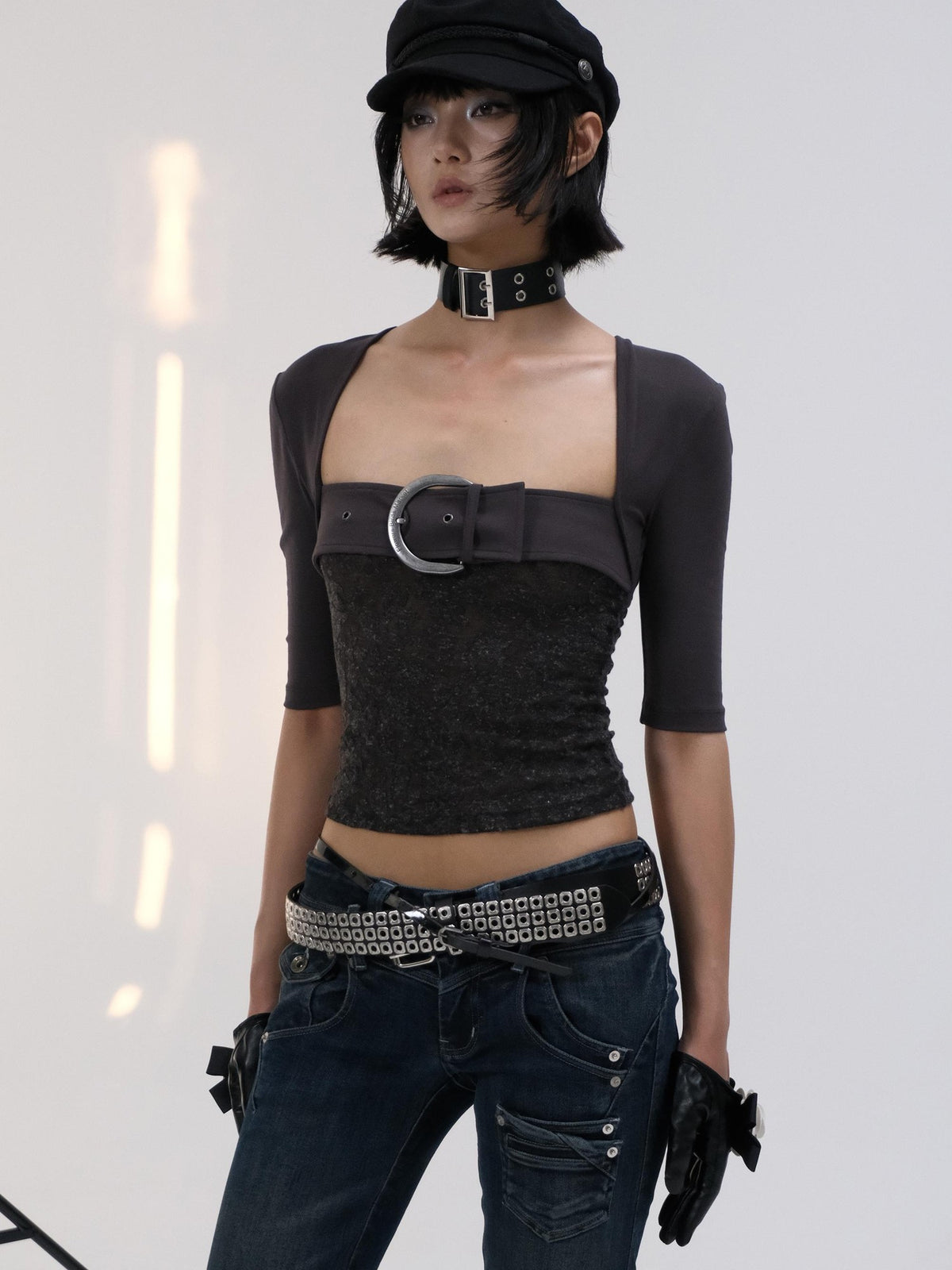 Flowers birds Market Lace Mesh Print Square Neck Button Knit Women&