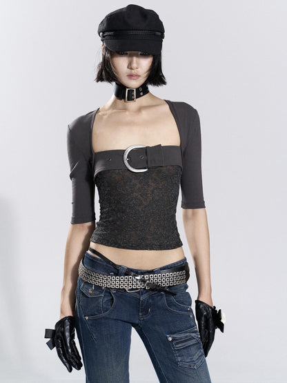 Flowers birds Market Lace Mesh Print Square Neck Button Knit Women&