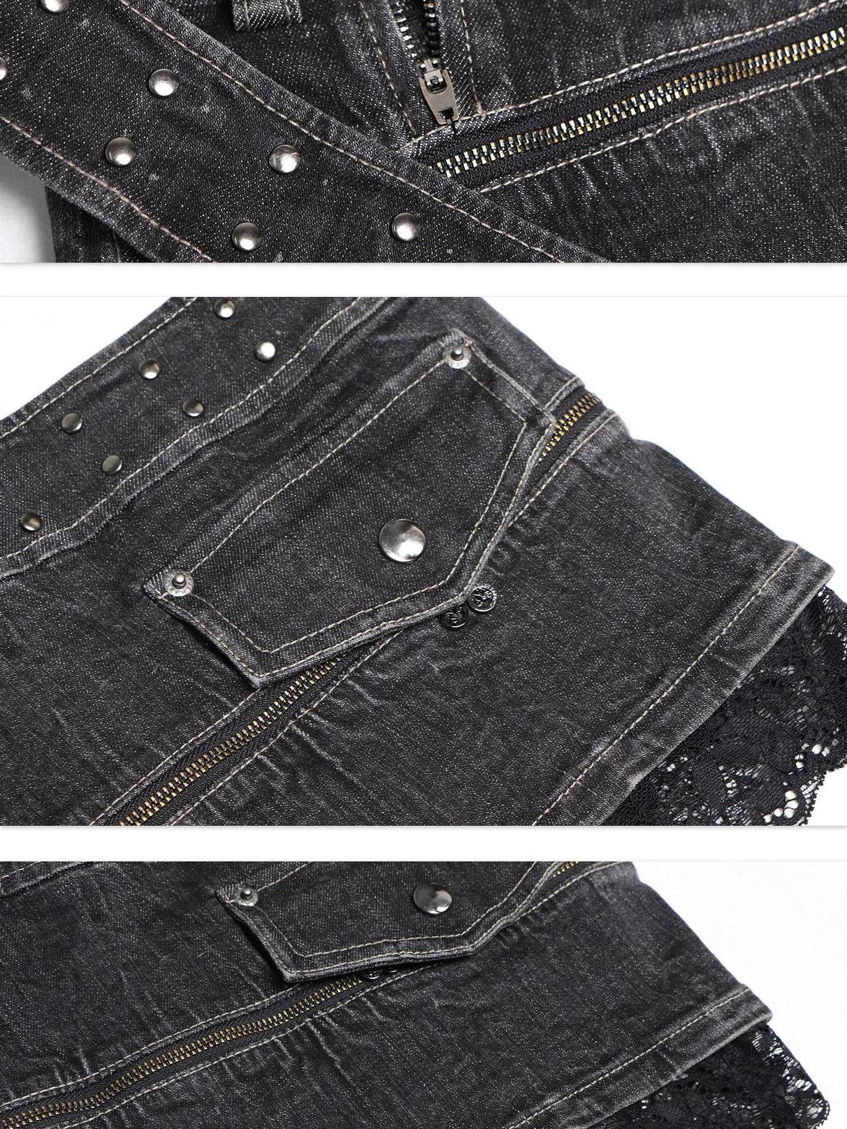Flowers birds Market Lace Patchwork Mid Waist H Line Straight Fit Women Washed Black Gray Mini Skirts