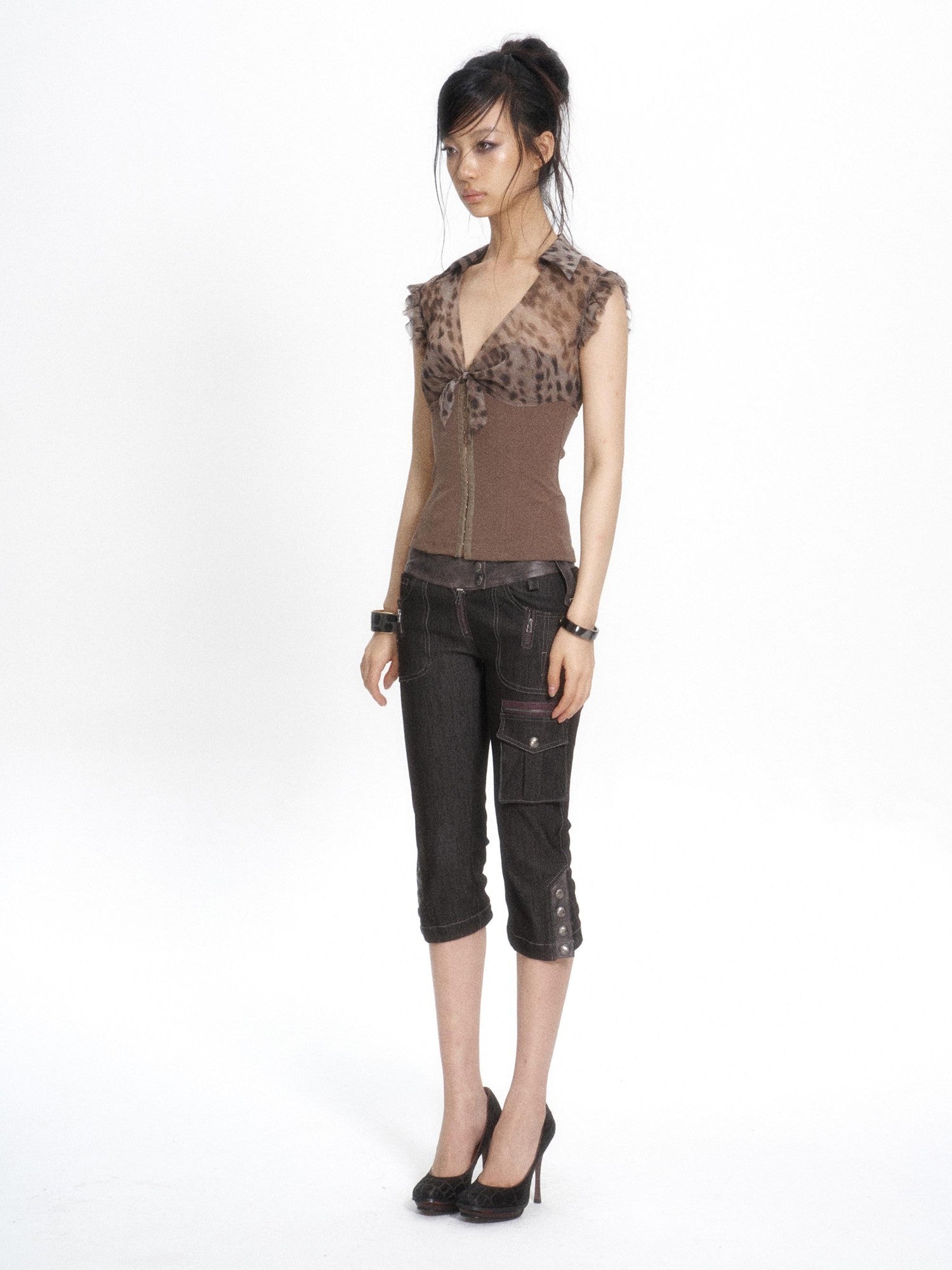 Flowers birds Market Leopard Print Patchwork Knit V-neck Lace Trim Women&