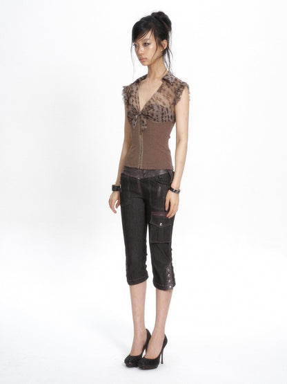 Flowers birds Market Leopard Print Patchwork Knit V-neck Lace Trim Women&