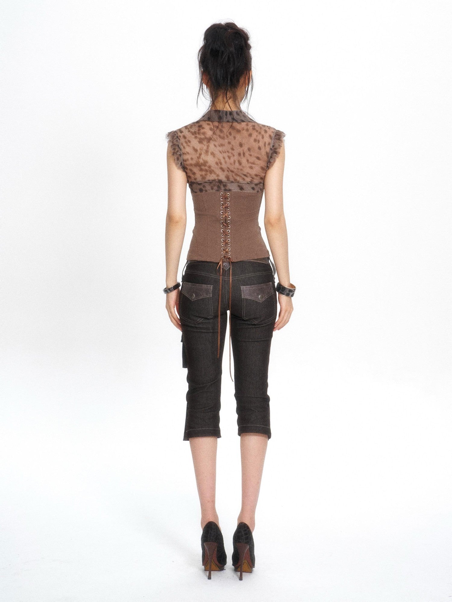 Flowers birds Market Leopard Print Patchwork Knit V-neck Lace Trim Women&