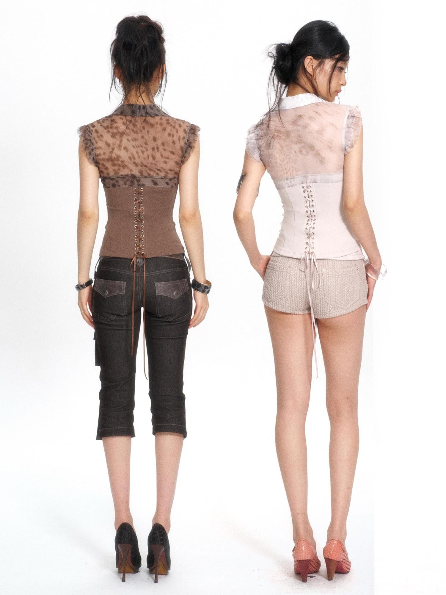 Flowers birds Market Leopard Print Patchwork Knit V-neck Lace Trim Women&
