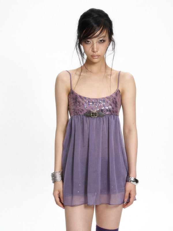 Leopard Print Sequin Spliced Strappy Women's Silk Chiffon Babydoll Mini Dresses