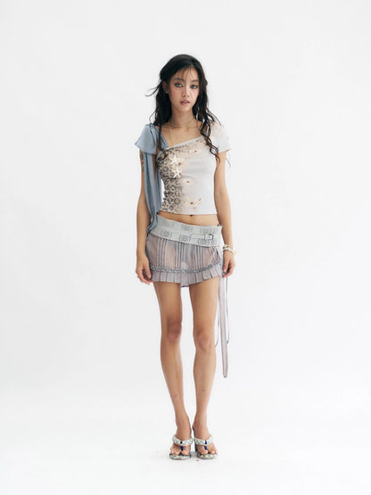 Flowers birds Market Light Blue Rhinestone Floral Print One Shoulder Slim Fit Womens Cotton T-Shirt