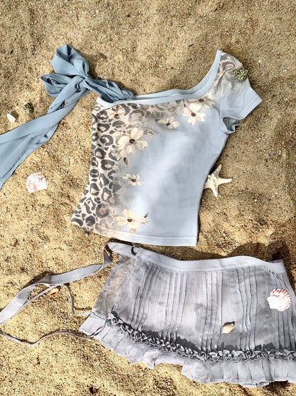 Flowers birds Market Light Blue Rhinestone Floral Print One Shoulder Slim Fit Womens Cotton T-Shirt