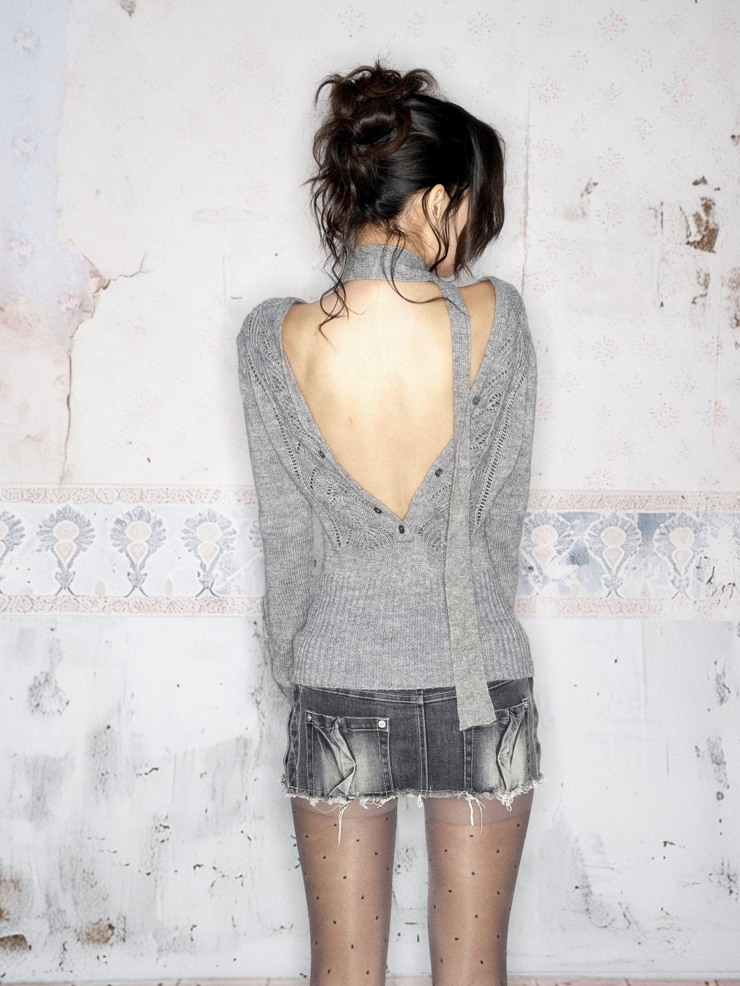 Flowers_birds_Market Lightweight Cotton Slim Backless V-neck Cropped Striped Long Sleeve Sheer Shirts