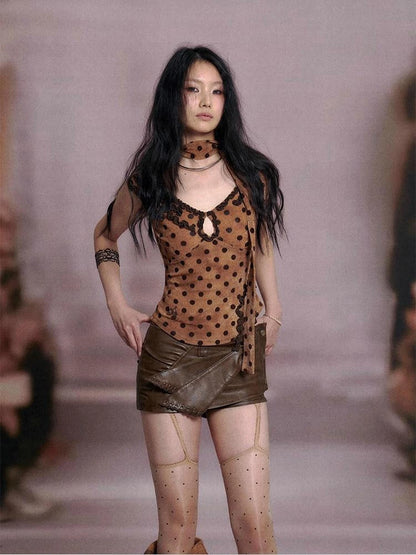 Low Cut Lace Trimmed Slim Fit Polka Dot Vest Top