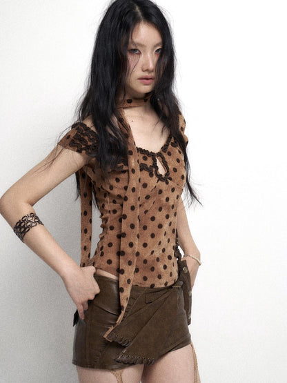 Flowers birds Market Low Cut Lace Trimmed Slim Fit Polka Dot Vest Top