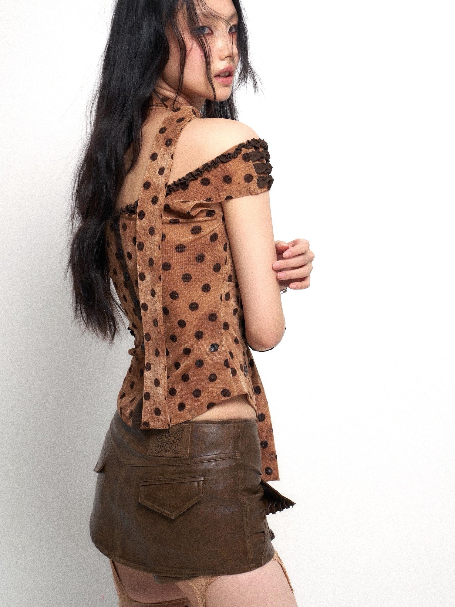 Flowers birds Market Low Cut Lace Trimmed Slim Fit Polka Dot Vest Top