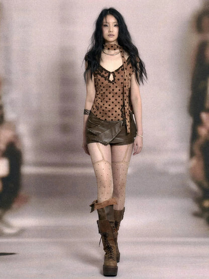 Low Cut Lace Trimmed Slim Fit Polka Dot Vest Top