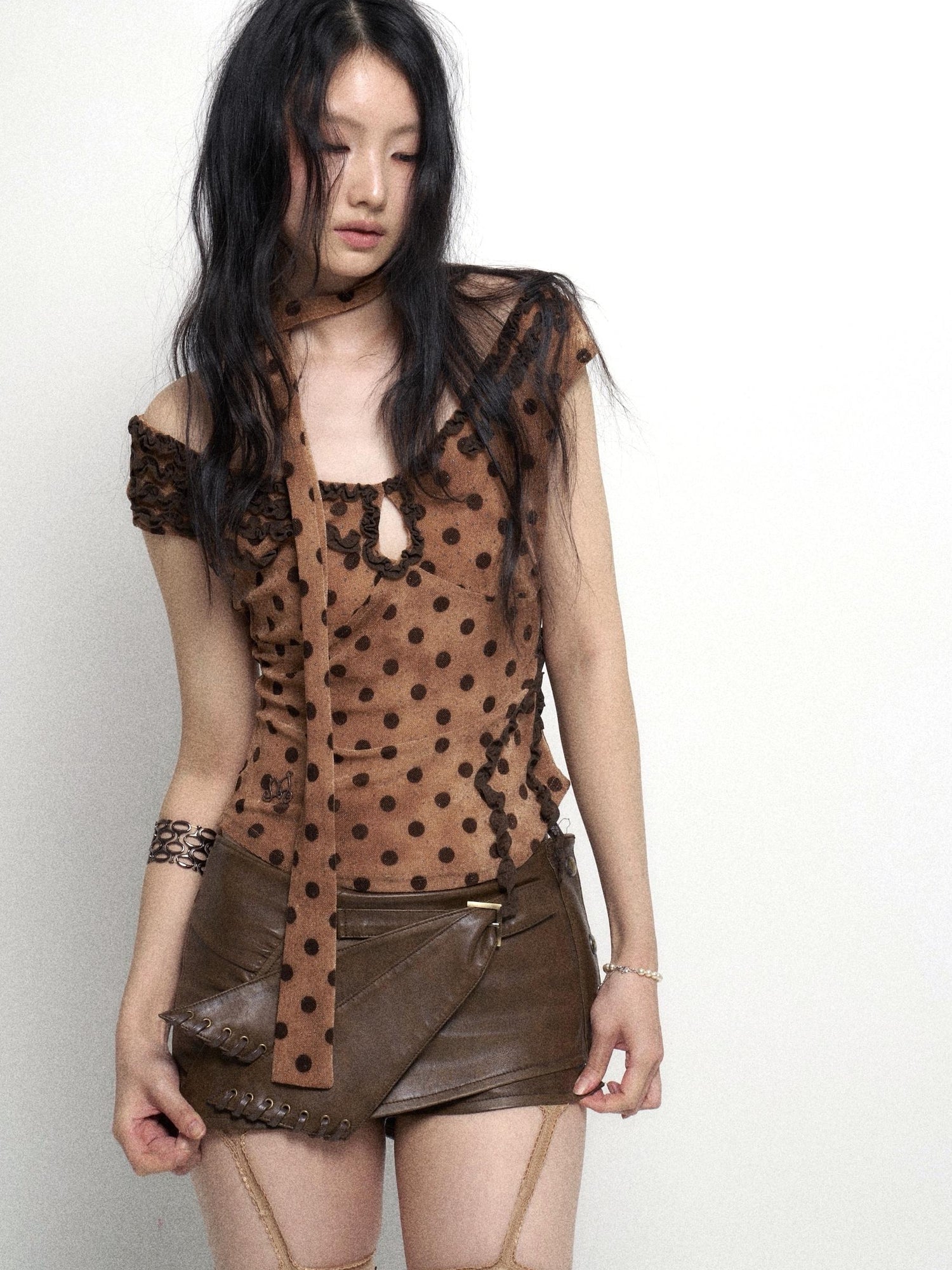 Flowers birds Market Low Cut Lace Trimmed Slim Fit Polka Dot Vest Top