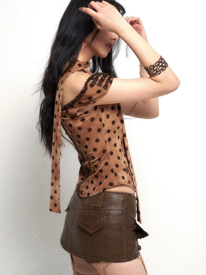Low Cut Lace Trimmed Slim Fit Polka Dot Vest Top