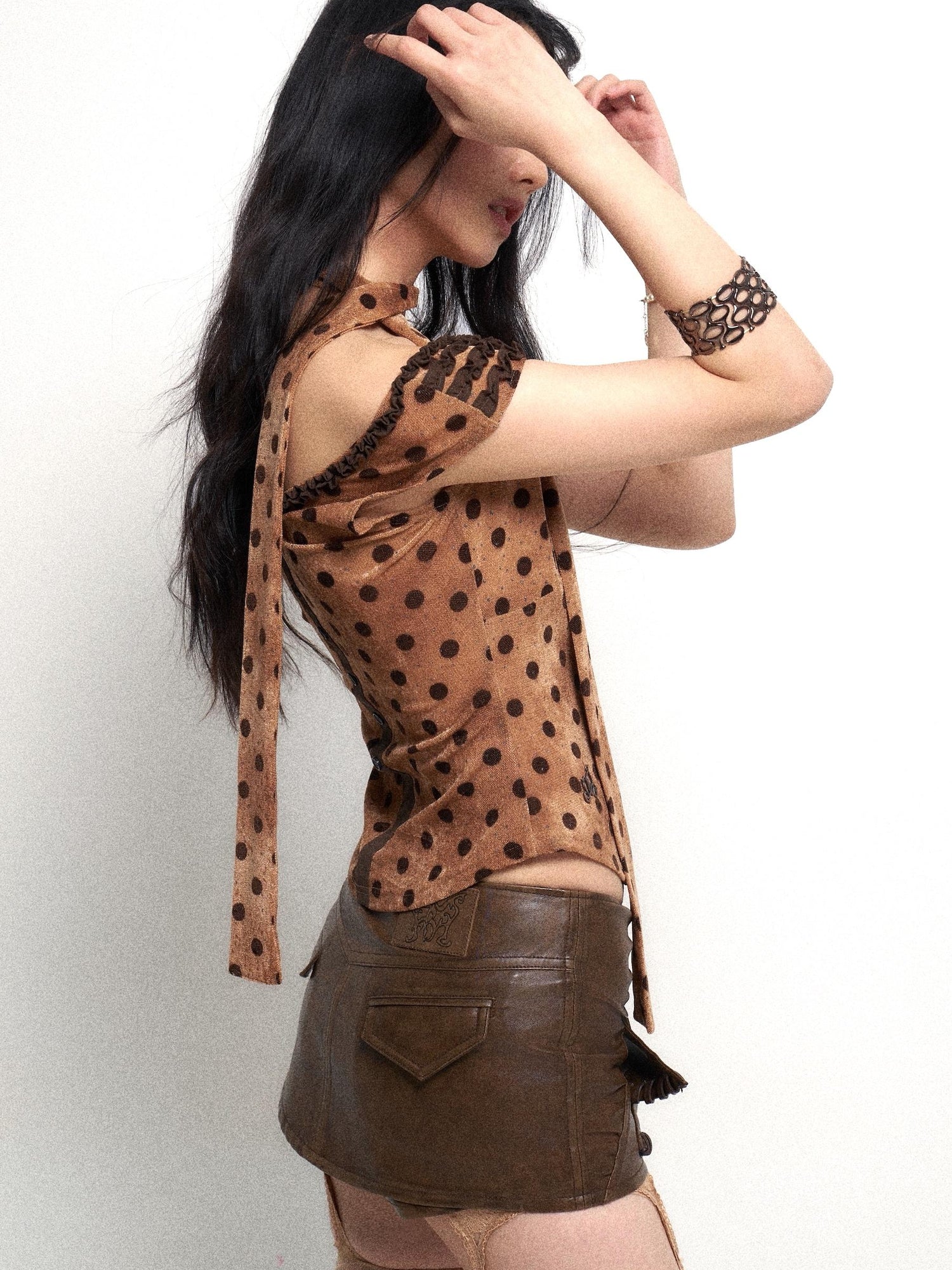 Flowers birds Market Low Cut Lace Trimmed Slim Fit Polka Dot Vest Top