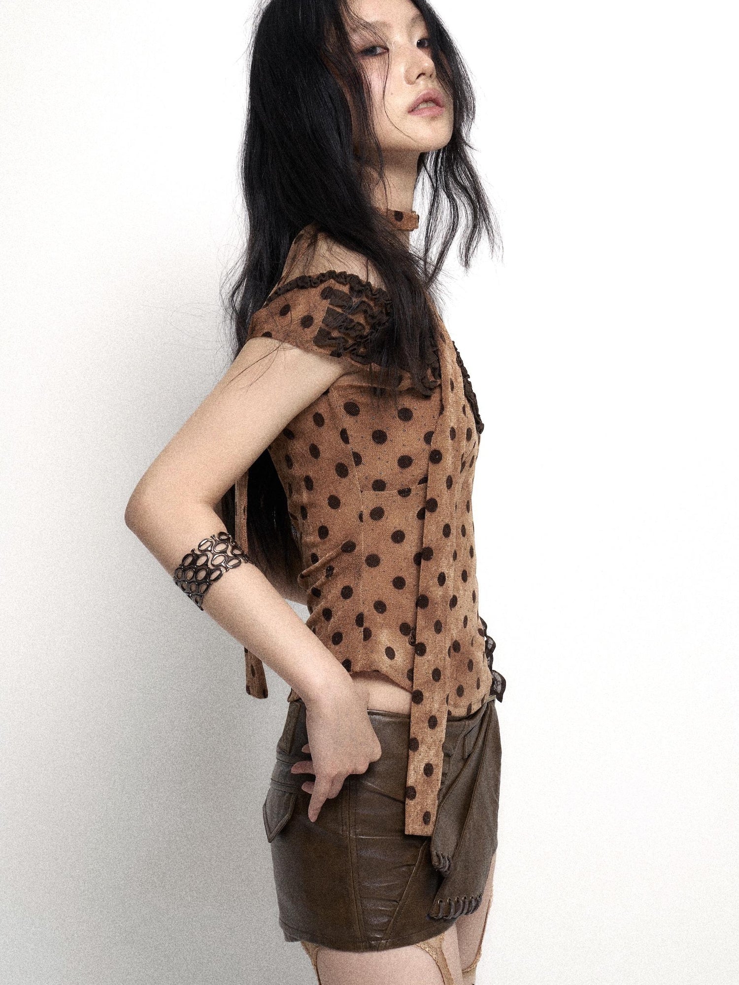 Flowers birds Market Low Cut Lace Trimmed Slim Fit Polka Dot Vest Top