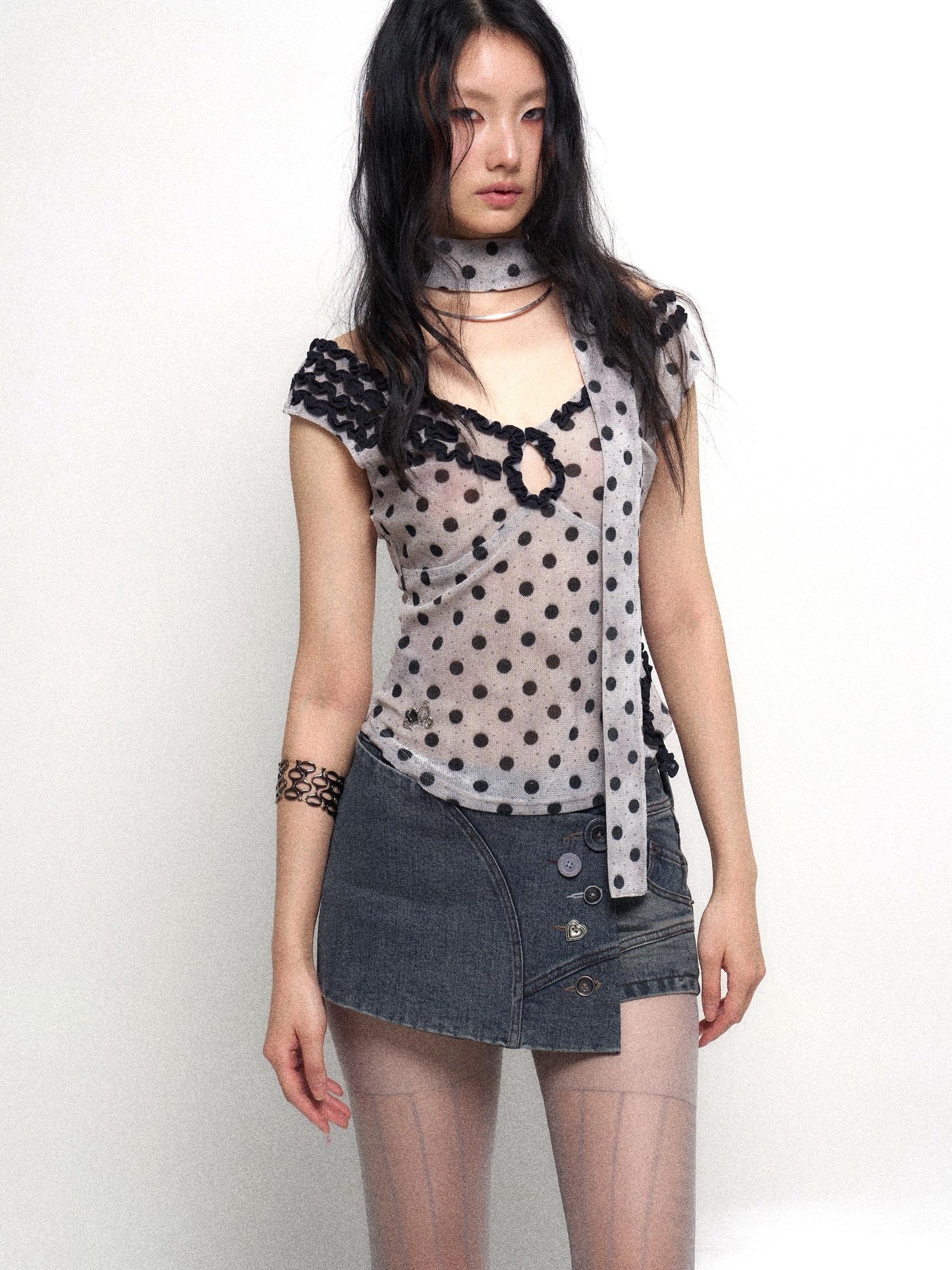 Flowers birds Market Low Cut Lace Velvet Dot Camisole Top