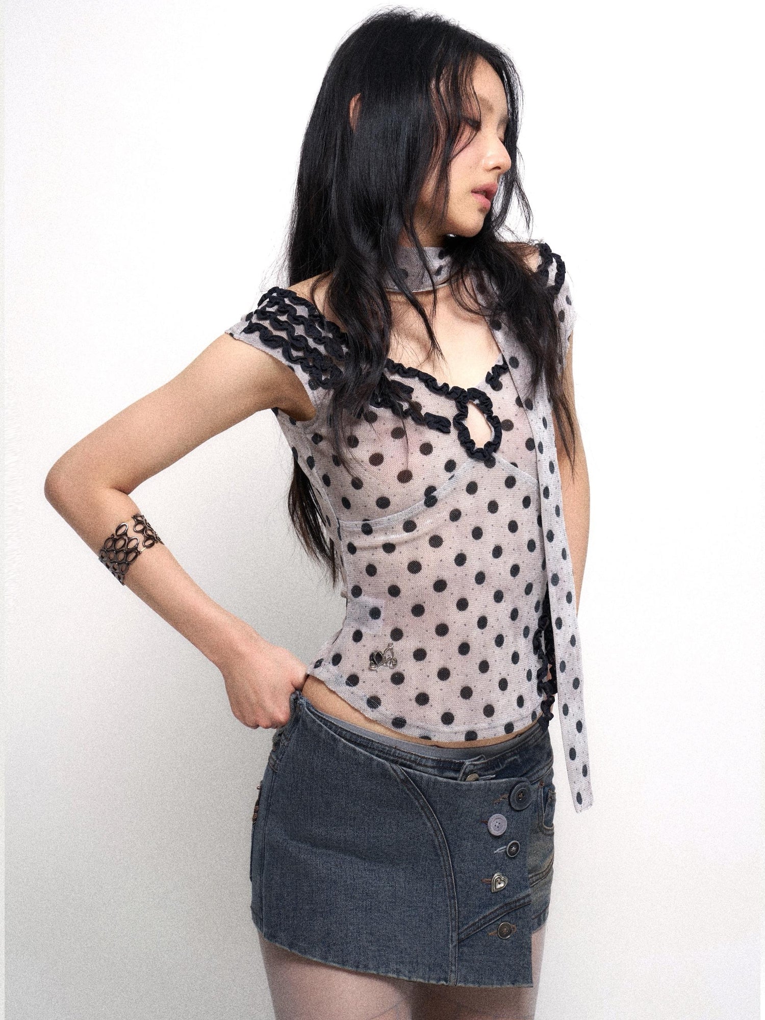 Flowers birds Market Low Cut Lace Velvet Dot Camisole Top