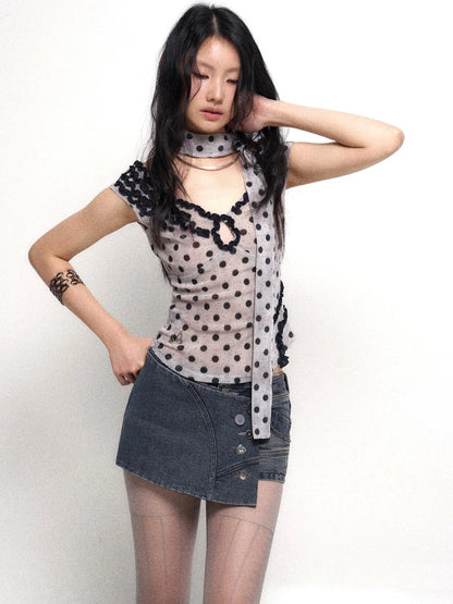 Low Cut Lace Velvet Dot Camisole Top