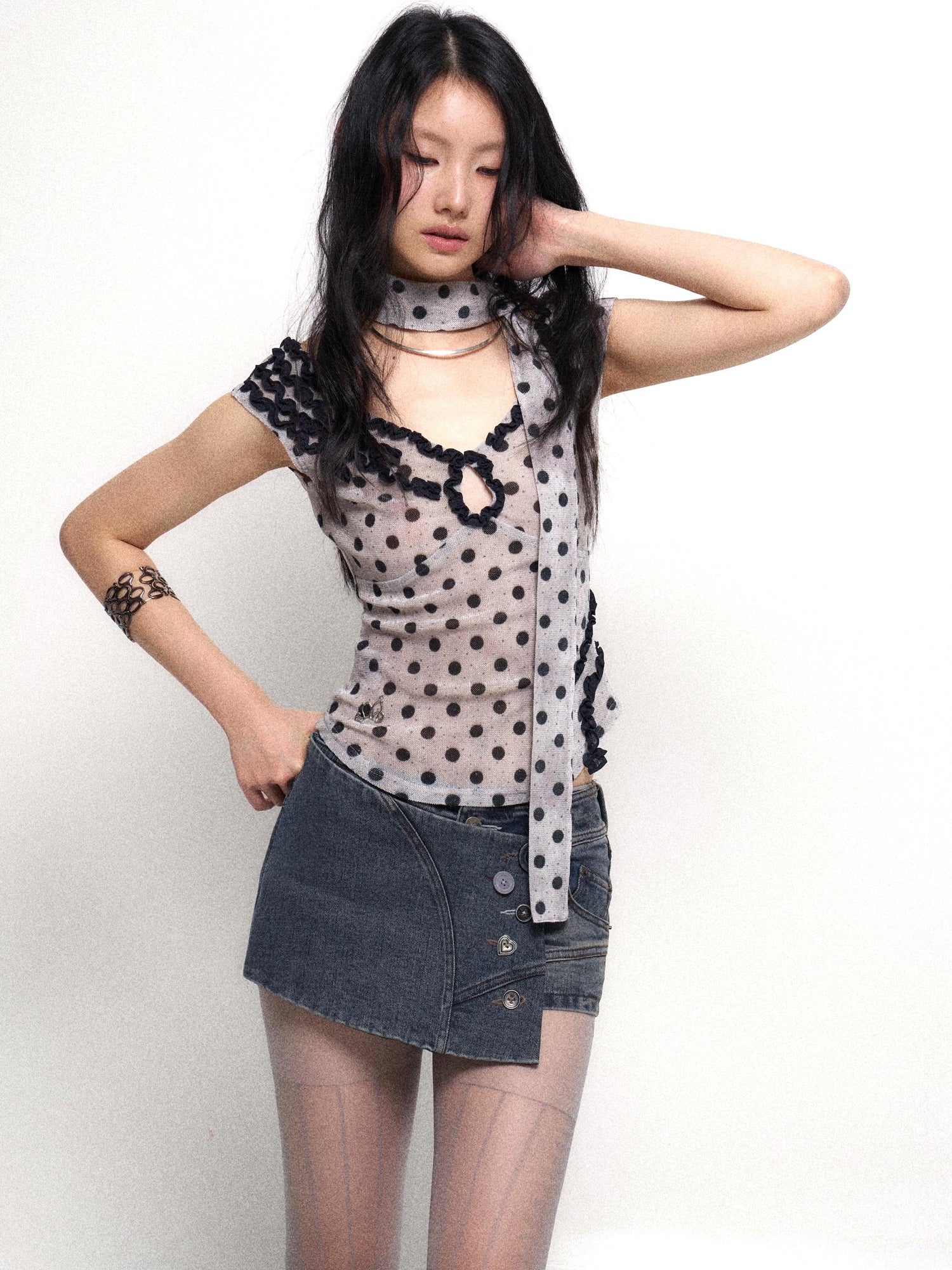 Flowers birds Market Low Cut Lace Velvet Dot Camisole Top