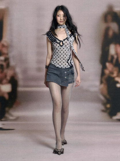 Flowers birds Market Low Cut Lace Velvet Dot Camisole Top