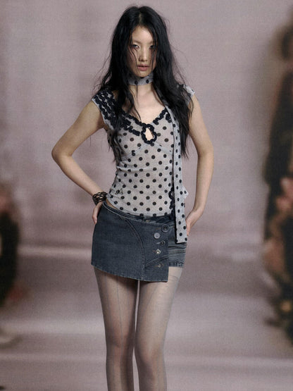 Flowers birds Market Low Cut Lace Velvet Dot Camisole Top