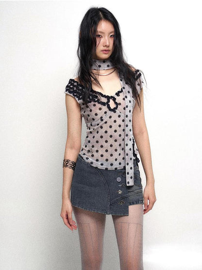 Flowers birds Market Low Cut Lace Velvet Dot Camisole Top
