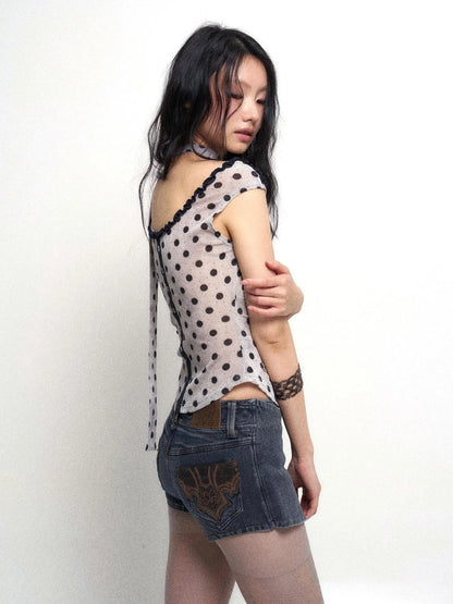 Low Cut Lace Velvet Dot Camisole Top