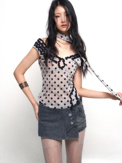 Low Cut Lace Velvet Dot Camisole Top