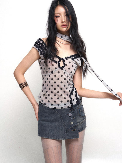 Flowers birds Market Low Cut Lace Velvet Dot Camisole Top