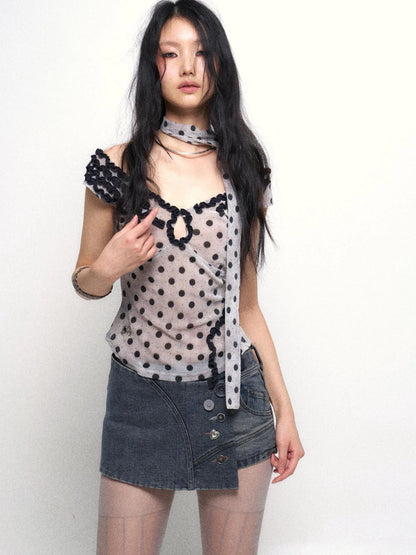 Low Cut Lace Velvet Dot Camisole Top