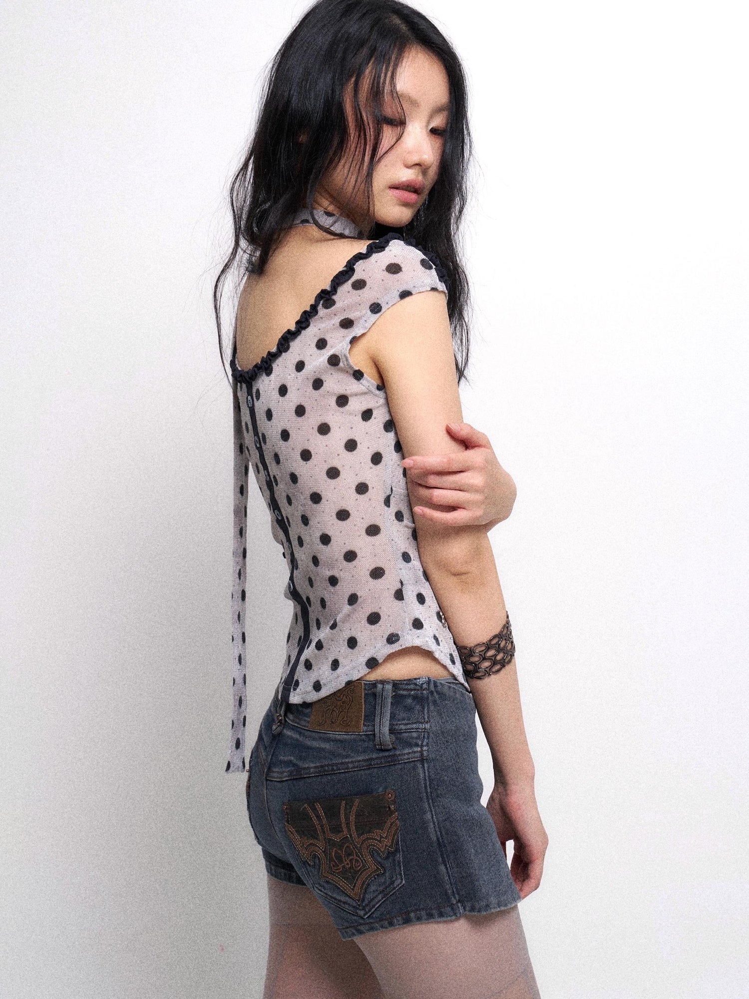 Flowers birds Market Low Cut Lace Velvet Dot Camisole Top