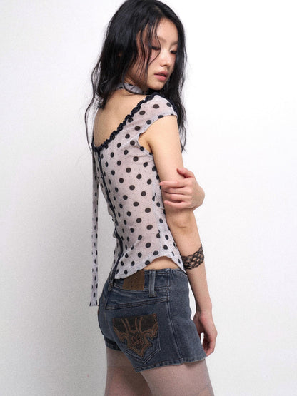 Flowers birds Market Low Cut Lace Velvet Dot Camisole Top