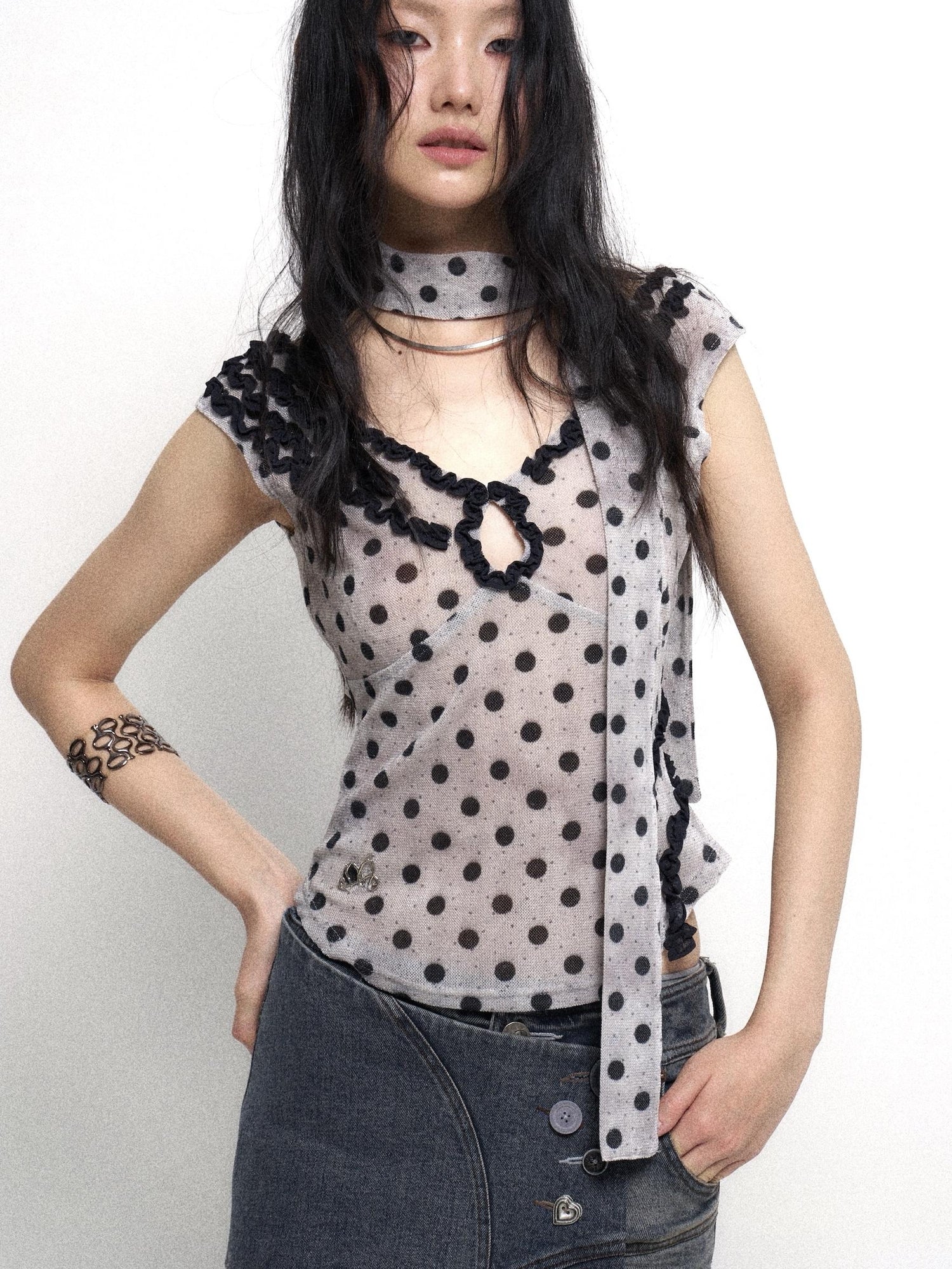 Flowers birds Market Low Cut Lace Velvet Dot Camisole Top
