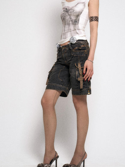 Flowers birds Market Low Rise Five Pocket Baggy Jeans Washed Gray Black