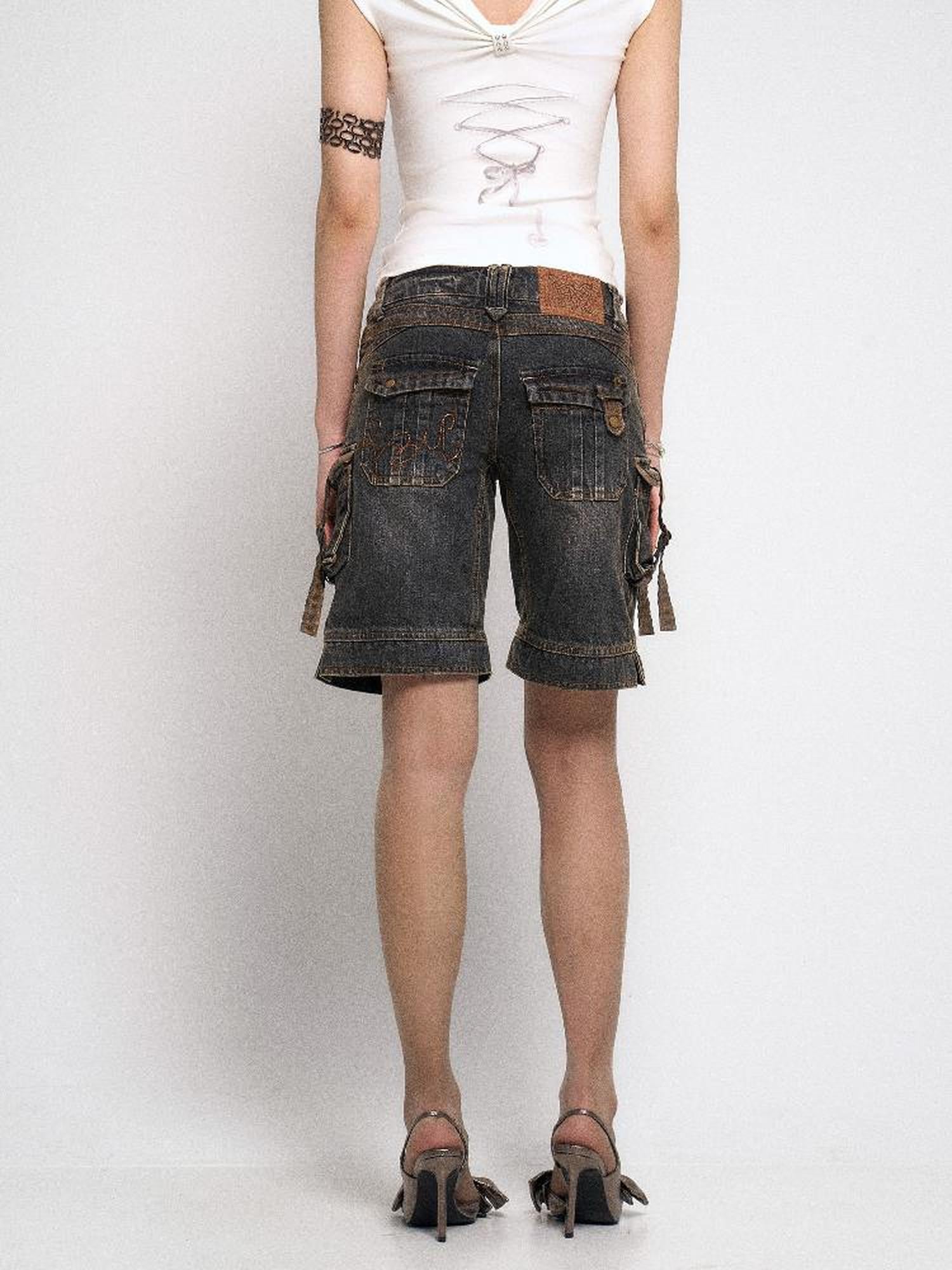 Flowers birds Market Low Rise Five Pocket Baggy Jeans Washed Gray Black