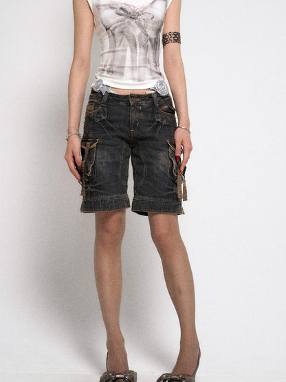 Flowers birds Market Low Rise Five Pocket Baggy Jeans Washed Gray Black