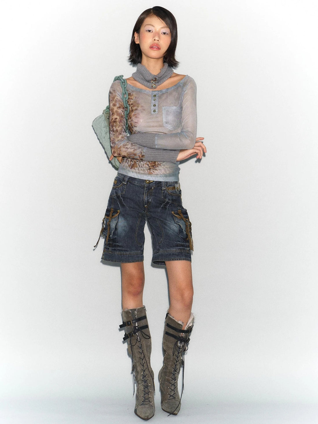 Low Rise Washed Denim Cargo Shorts