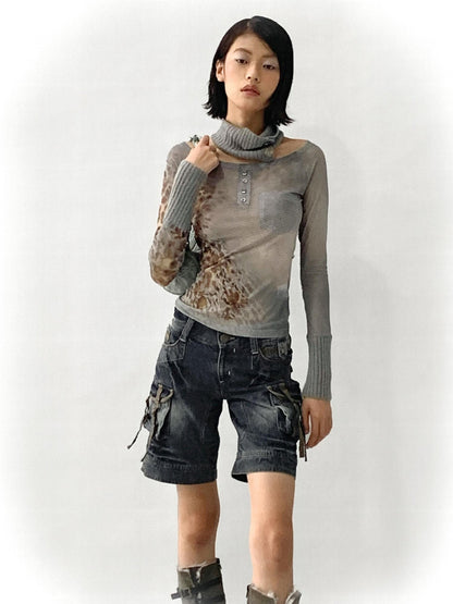 Flowers birds Market Low Rise Washed Denim Cargo Shorts
